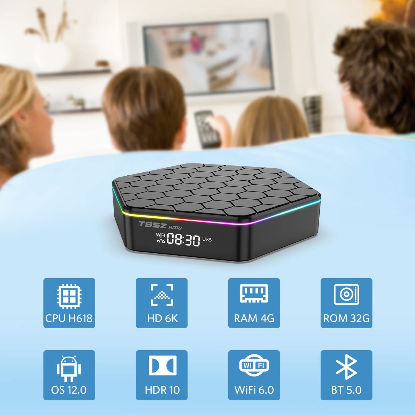 Android 12.0 TV Box T95zplus ，6k/3D HD Tv Box H618 Quadcore 4GB RAM 32GB ROM 2.4G/5.0G Dual WiFi & BT 5.0 Android Box Support Multi-Lingual TV Box with LAN Ethernet 10/100M for Chat Movie Game etc.