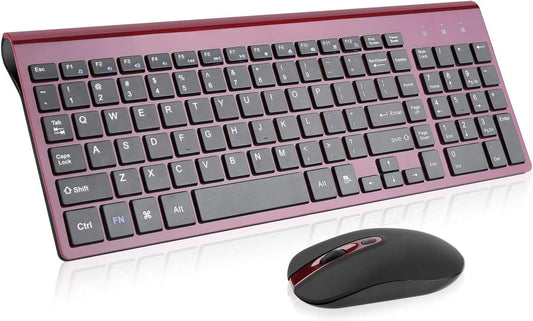 Wireless Keyboard Mouse Combo, cimetech Compact Full Size Wireless Keyboard and Mouse Set 2.4G Ultra-Thin Sleek Design for Windows, Computer, Desktop, PC, Notebook - (Wine red)