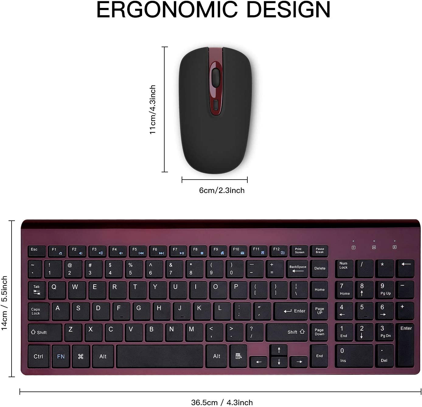 Wireless Keyboard Mouse Combo, cimetech Compact Full Size Wireless Keyboard and Mouse Set 2.4G Ultra-Thin Sleek Design for Windows, Computer, Desktop, PC, Notebook - (Wine red)