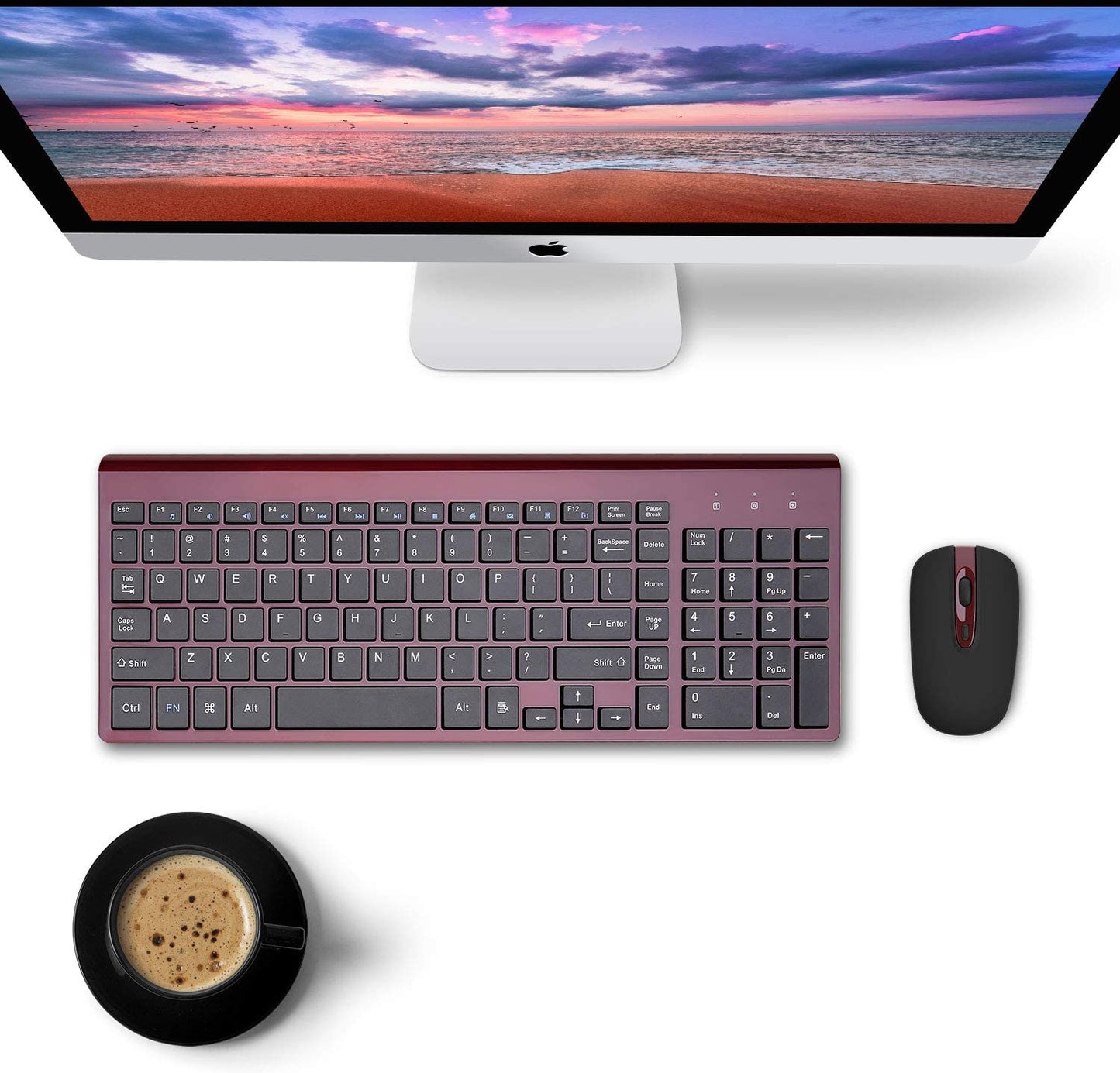 Wireless Keyboard Mouse Combo, cimetech Compact Full Size Wireless Keyboard and Mouse Set 2.4G Ultra-Thin Sleek Design for Windows, Computer, Desktop, PC, Notebook - (Wine red)